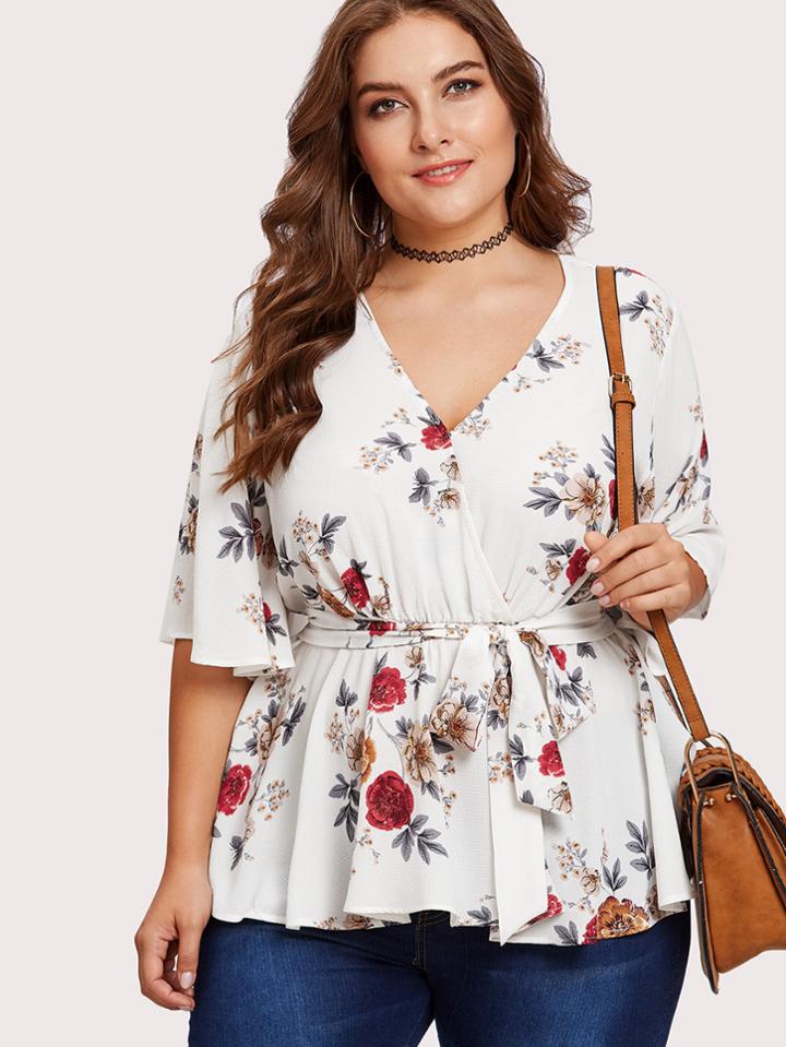 Shein Flutter Sleeve Surplice Wrap Peplum Top