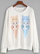 Shein White Ice Cream Cat Print Sweatshirt