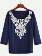 Shein Blue Contrast Crochet Long Sleeve T-shirt