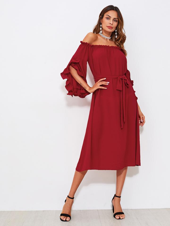 Shein Frill Tulip Sleeve Self Tie Bardot Dress