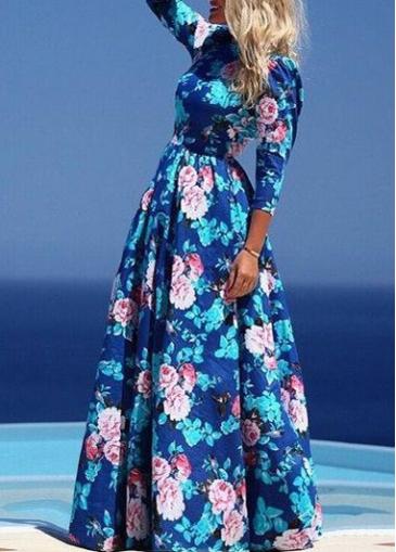 Rosewe Flower Print Three Quarter Sleeve High Waist Dress