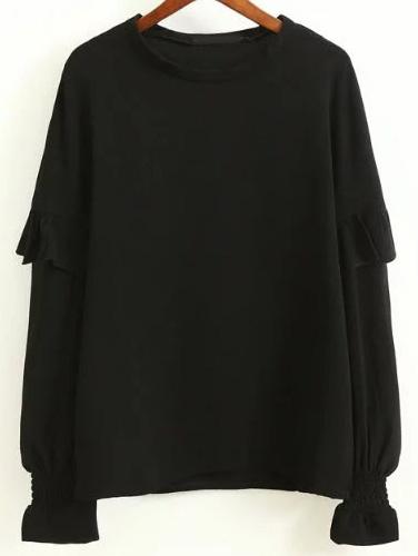 Shein Black Round Neck Ruffle Detail Blouse