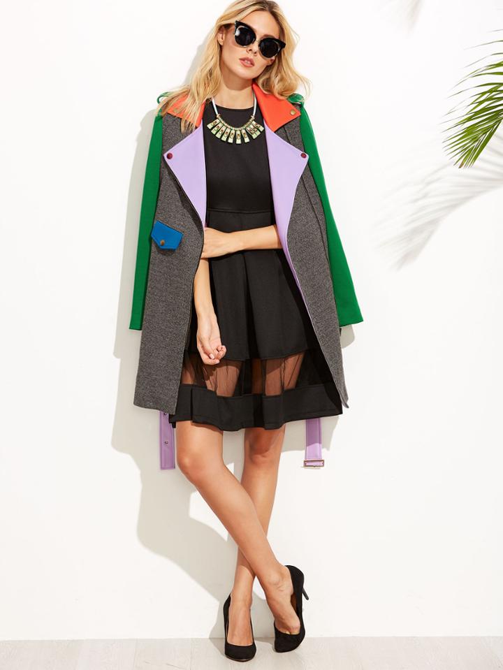 Shein Color Block Belted Asymmetric Zip Coat