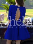 Shein Blue Half Sleeve Elbow Sleeve Backless Scallop With Lace Flare Dress