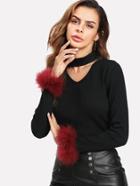 Shein Contrast Faux Fur Cuff Choker Neck Ribbed Tee