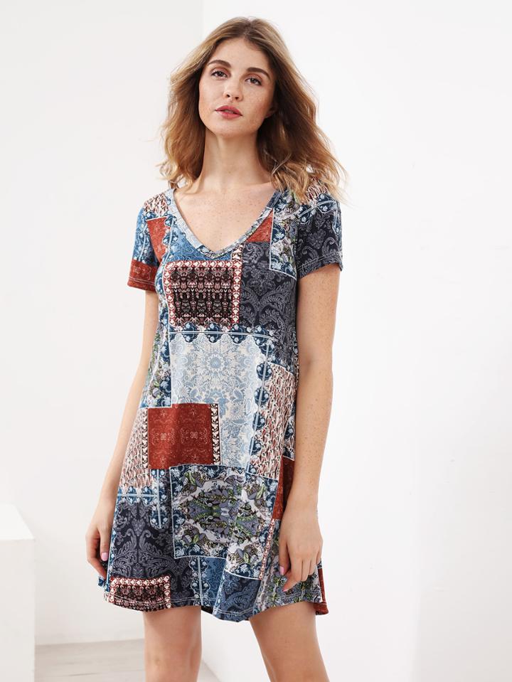 Shein Patchwork Short Sleeve Tee Dress
