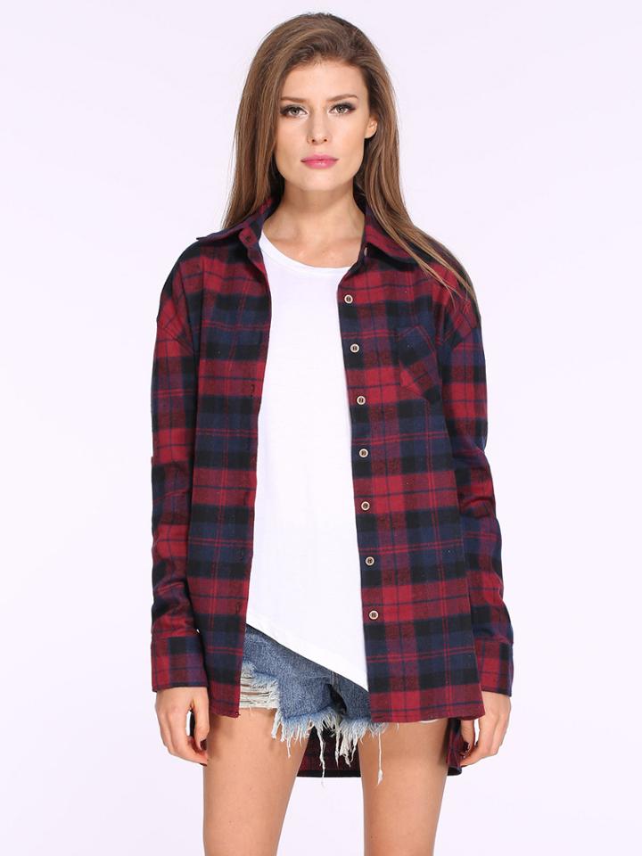 Shein Red Blue Long Sleeve Checks Plaid Loose Blouse