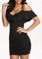 Rosewe Black Strap Design Off The Shoulder Mini Ruffled Dress