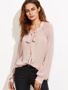 Shein Pink Tie Neck Eyelet Lace Insert Blouse