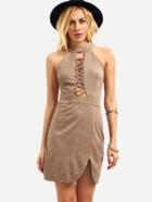 Shein Faux Suede Halter Neck Lattice Front Dress - Khaki