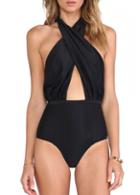 Rosewe Solid Black Cross Halter One Piece Swimwear