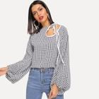 Shein Gingham Bishop Sleeve Knot Cut Out Blouse