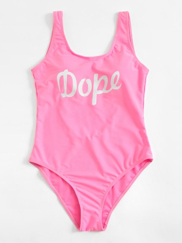 Shein Letter Print Low Back Swimsuit