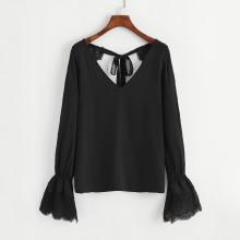Shein Tie Back Lace Trim V Neck Top