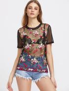Shein Flower Embroidered Tulle Top