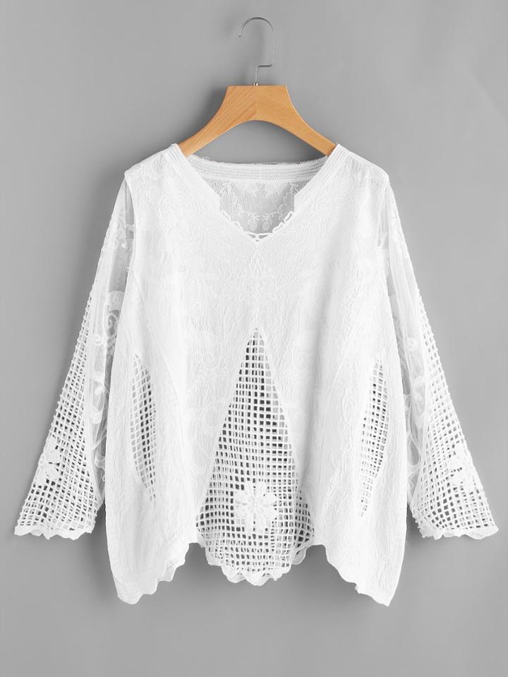 Shein Hollow Out Crochet Mesh Insert Embroidered Top
