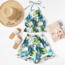 Shein Leaf Print Halter Top With Shorts