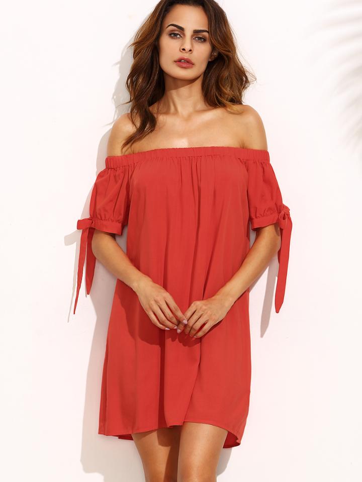 Shein Red Off The Shoulder Bow Tie Cuff Shift Dress