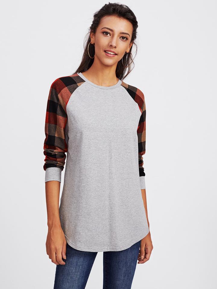 Shein Checked Raglan Sleeve Curved Hem Heathered Knit Tee