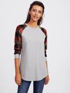 Shein Checked Raglan Sleeve Curved Hem Heathered Knit Tee