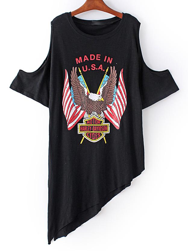 Shein Black Cold Shoulder Eagle Printed Asymmetric T-shirt
