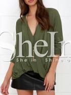 Shein Army Green Long Sleeve V Neck T-shirt