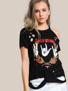 Shein Cutout Shoulder Distressed Graphic Tee