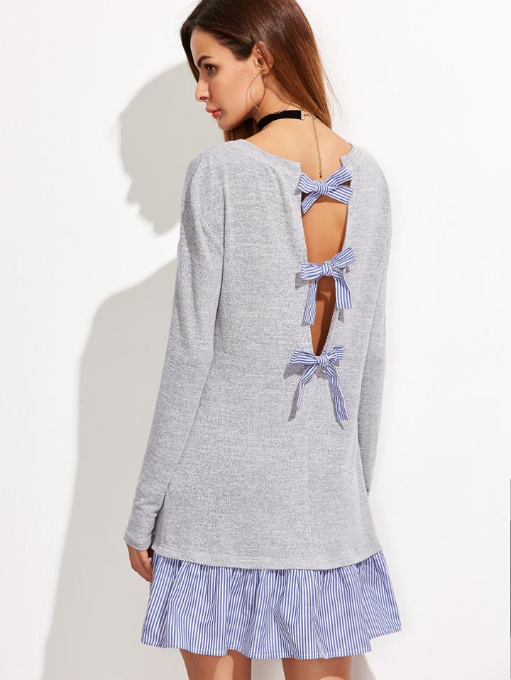 Shein Grey Striped Ruffle Trim Cutout Bow Back Dress