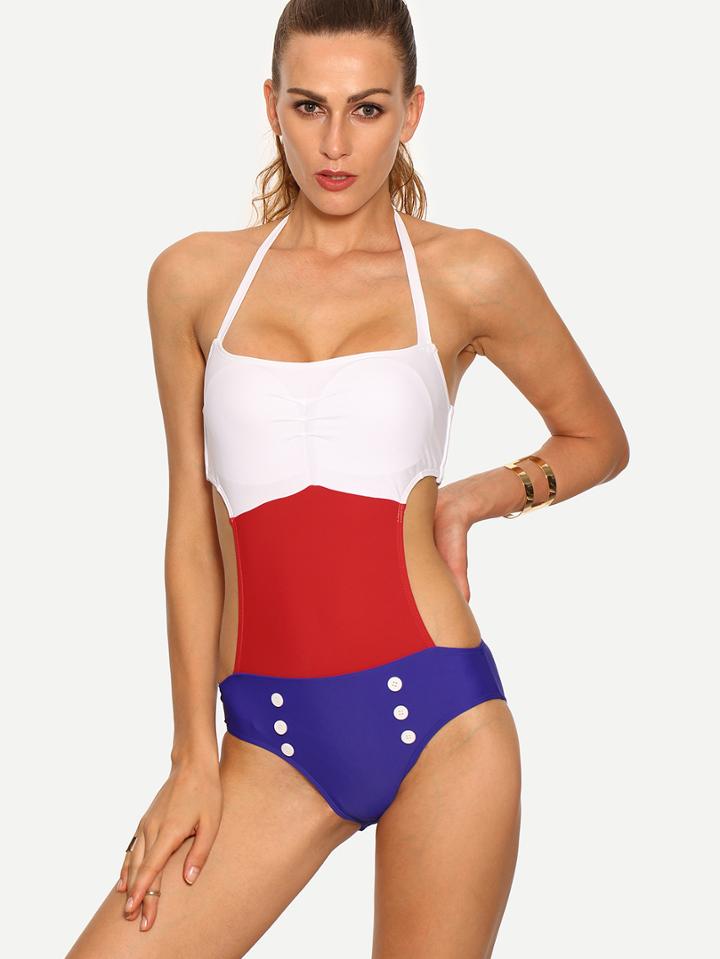 Shein Color Block Buttoned Front Cutout One-piece Swimwear
