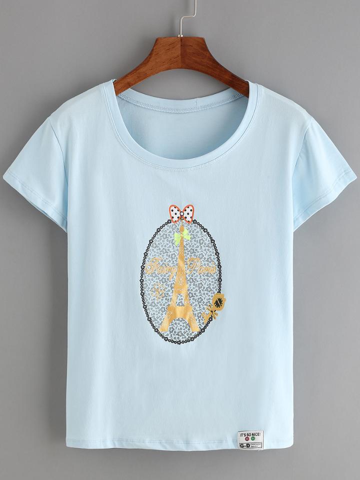 Shein Blue Short Sleeve Eiffel Tower Print T-shirt
