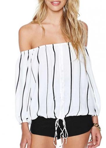 Rosewe Trendy Stripe Design Off The Shoulder Chiffon Shirt