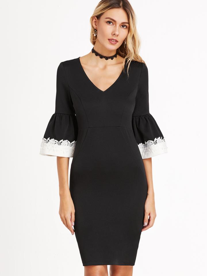 Shein Black Contrast Lace Trim Bell Sleeve Sheath Dress