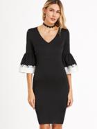 Shein Black Contrast Lace Trim Bell Sleeve Sheath Dress