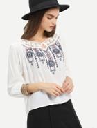 Shein Lace Trimmed Keyhole Embroidery Blouse
