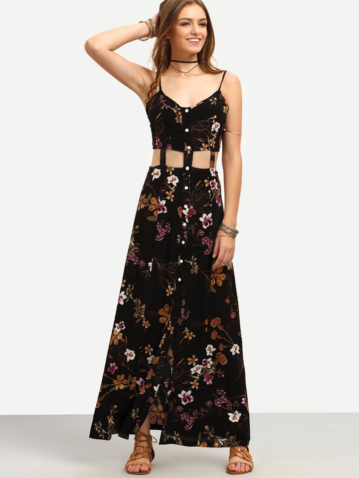 Shein Black Floral Print Hollow Split Maxi Dress