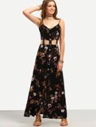 Shein Black Floral Print Hollow Split Maxi Dress