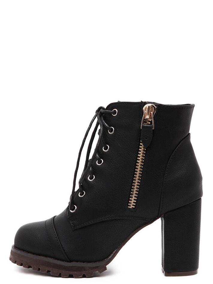 Shein Black Lace Up Side Zipper Chunky Heels Ankle Boots