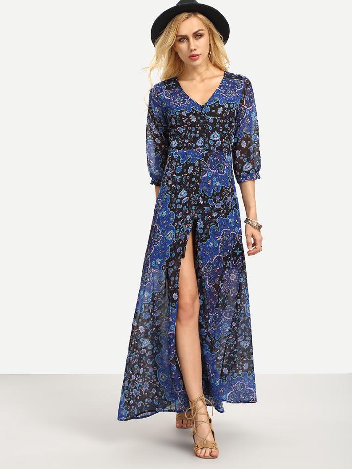 Shein Buttoned Front Flower Print Long Dress