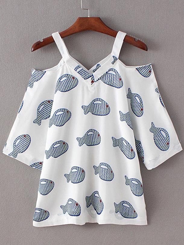 Shein Multicolor Fish Print Chiffon Cold Shoulder Blouse