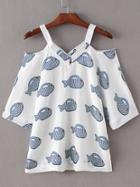 Shein Multicolor Fish Print Chiffon Cold Shoulder Blouse