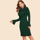 Shein Tie Neck Ruffle Trim Bell Sleeve Dress