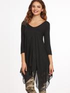 Shein Black V Neck Contrast Chiffon Asymmetric T-shirt