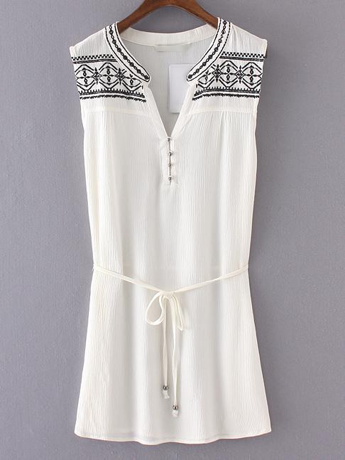 Shein White Sleeveless Embroidery Vintage Dress With Belt