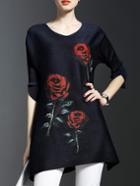Shein Black Rose Print Pleated Elastic Dress