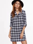 Shein Navy And White Plaid Ross Sleeve Shirt Dress