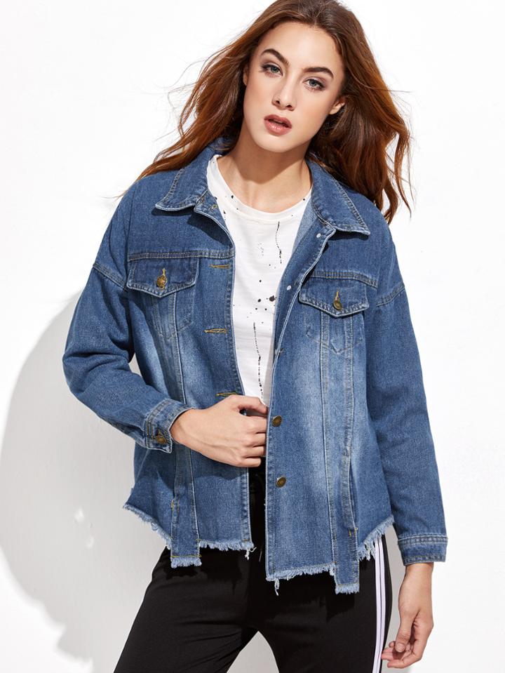 Shein Blue Fringe Pockets Denim Jacket