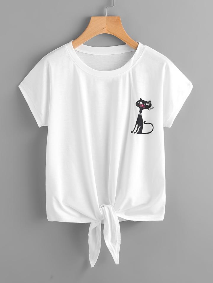 Shein Cat Print Knotted Hem Tee