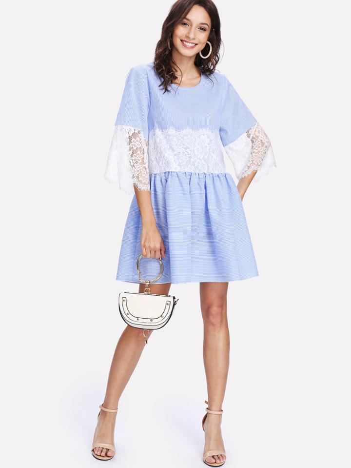 Shein Contrast Lace Pinstriped Dress