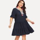 Shein Plus Tassel Trim Embroidered Neck Tiered Dress