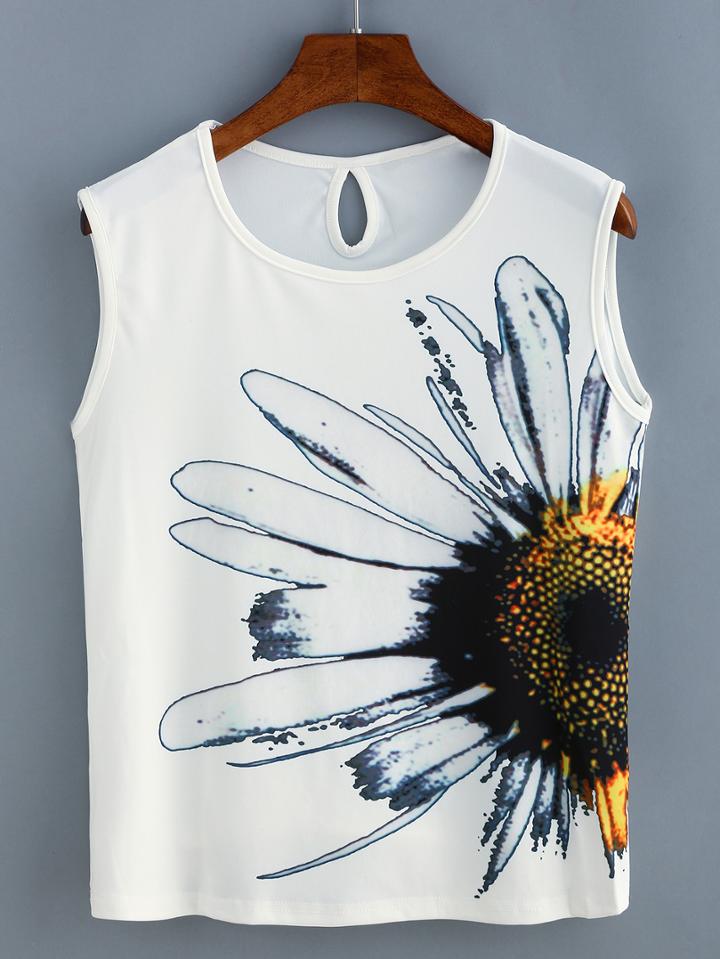 Shein Daisy Print Keyhole Back Tank Top